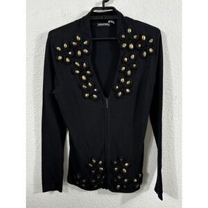 Gaby & Eden Cardigan Womens Medium Black Zip Sweater Gold Floral Studs